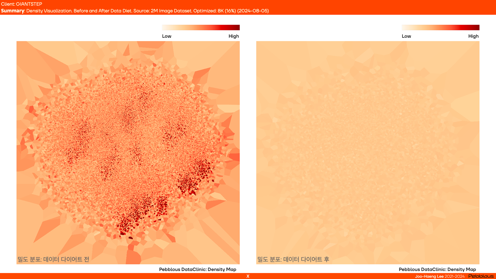데이터클리닉 자이언트스텝 진단 리포트 - 데이터 다이어트 전후의 밀도의 변화(벡터 임베딩)