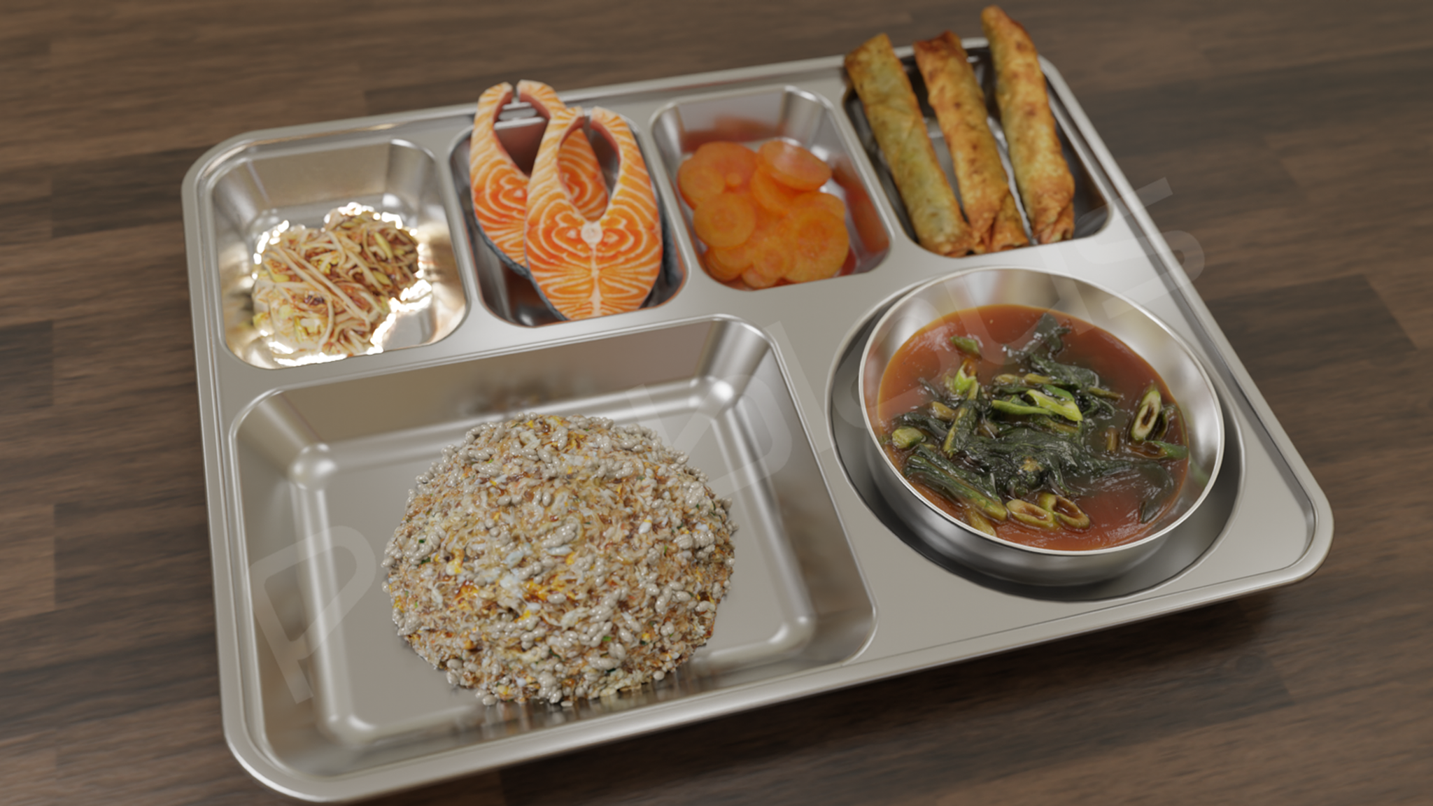 페블러스의 기술을 활용하여 생성한 식단 모니터링 서비스를 위한 합성데이터 이미지로, 합성데이터 생성 시 컴퓨터그래픽스와 생성형 AI 기술을 융합하여 활용하였습니다